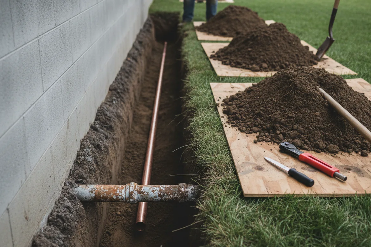 Excavated water line trench during Water Softener Installation in Biscoe